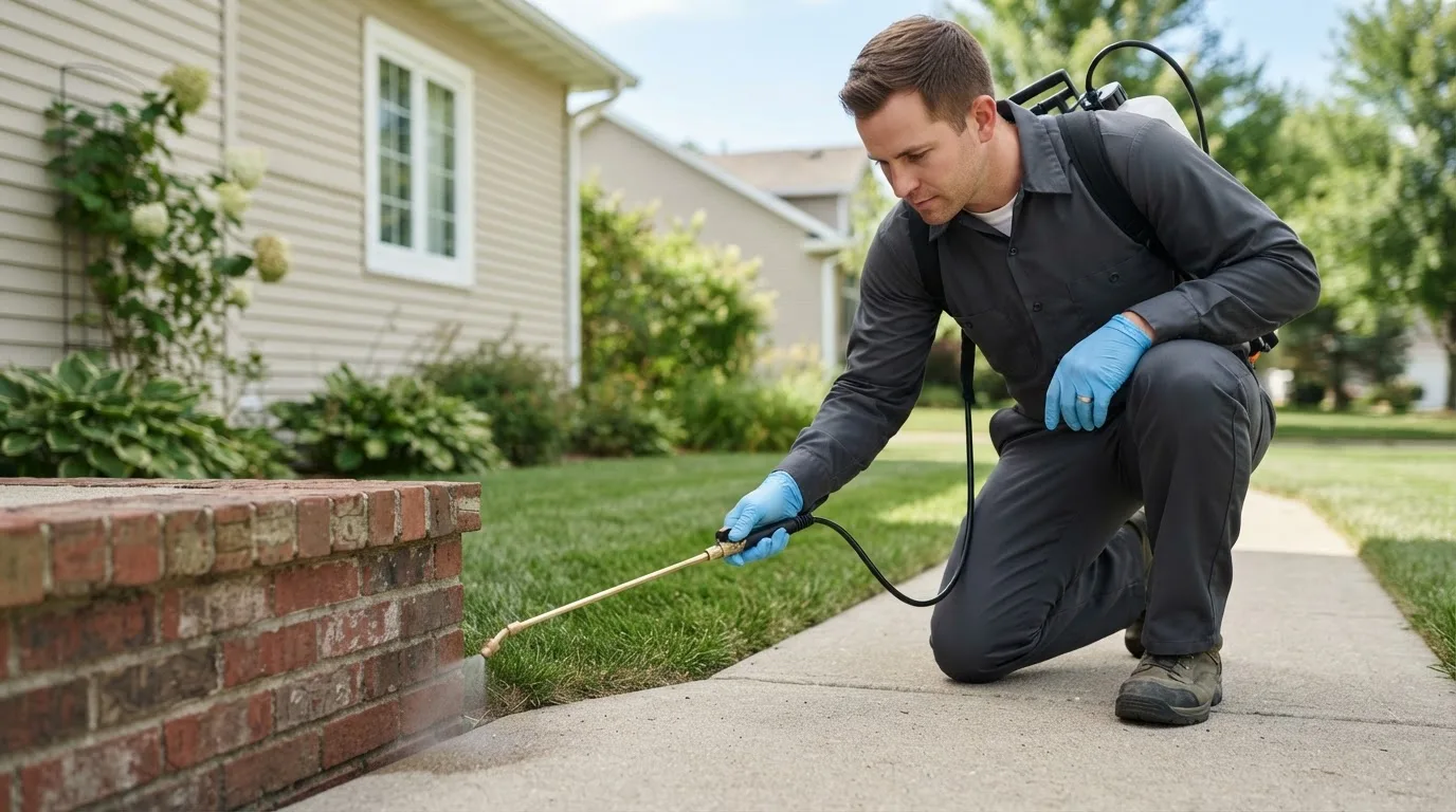 Pest control technician treating a home near Ivins, UT